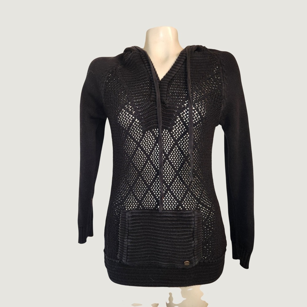 Prana Womens XS Black Open Knit Diamond Pointelle Hoodie Sweater Kangaroo Pocket